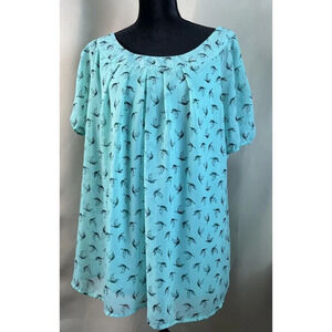 Sara Michelle Womens 3X Blue Bird Pleated Side Slit Short Sleeve‎ Top Tiny Flaw
